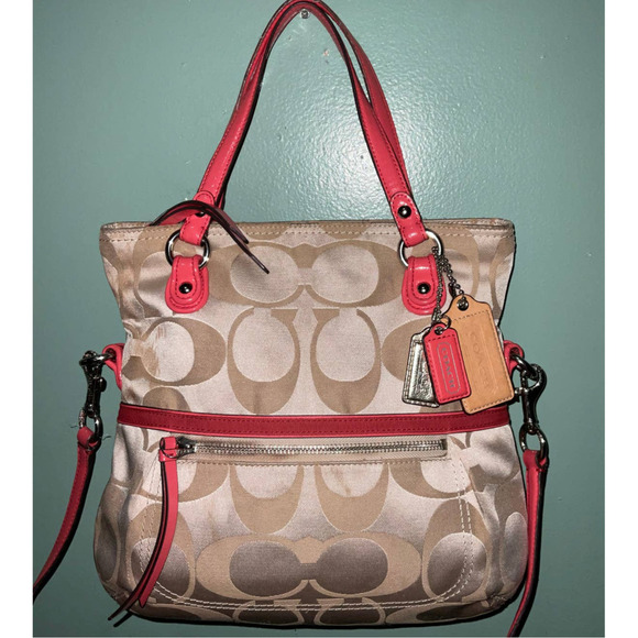 Coach Canvas Signature Horses and Carriage Hobo Tote Bag- Pink/Khaki - Picture 16 of 16